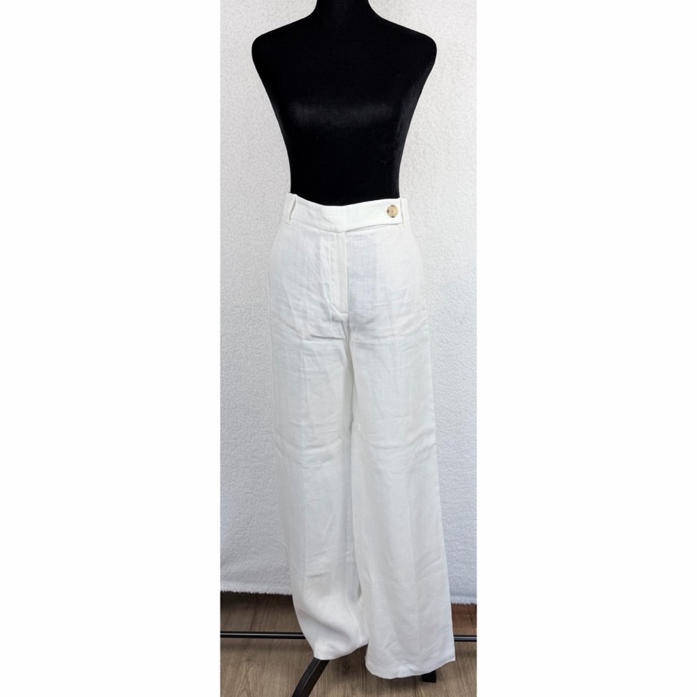 MASSIMO DUTTI • White 100% Linen High-Waisted Wide Leg Trouser Pants, 2 - Picture 2 of 13
